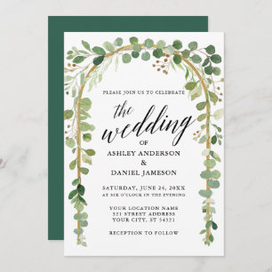 Watercolor Botanical Calligraphy Gold Arch Wedding Invitation