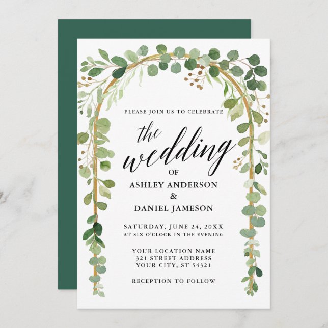 Watercolor Botanical Calligraphy Gold Arch Wedding Invitation (Front/Back)