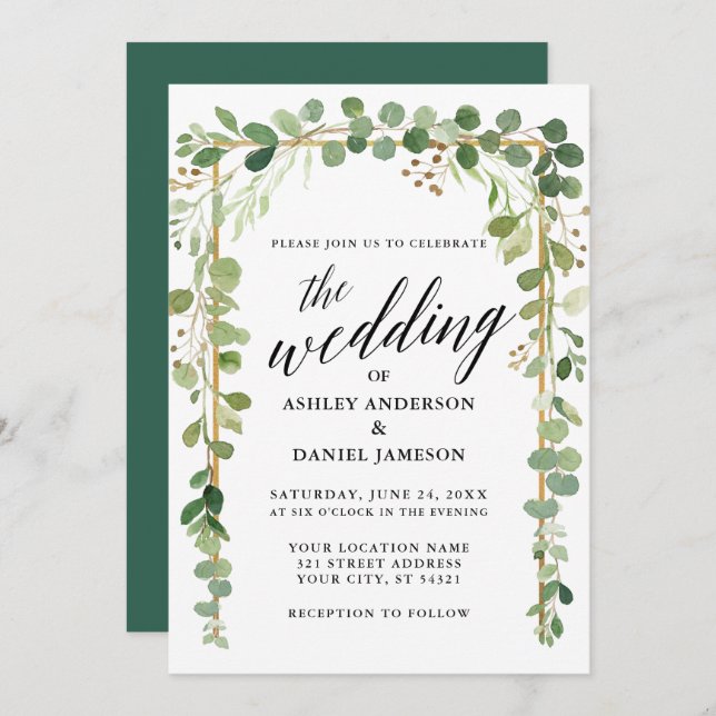 Watercolor Botanical Calligraphy Gold Wedding Invitation (Front/Back)