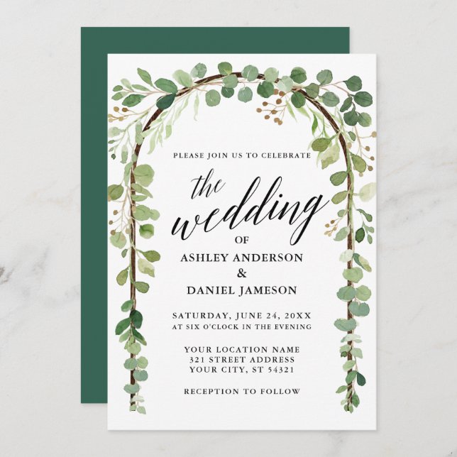 Watercolor Botanical Calligraphy Wood Arch Wedding Invitation (Front/Back)