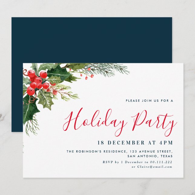 watercolor botanical christmas holiday party invitation (Front/Back)