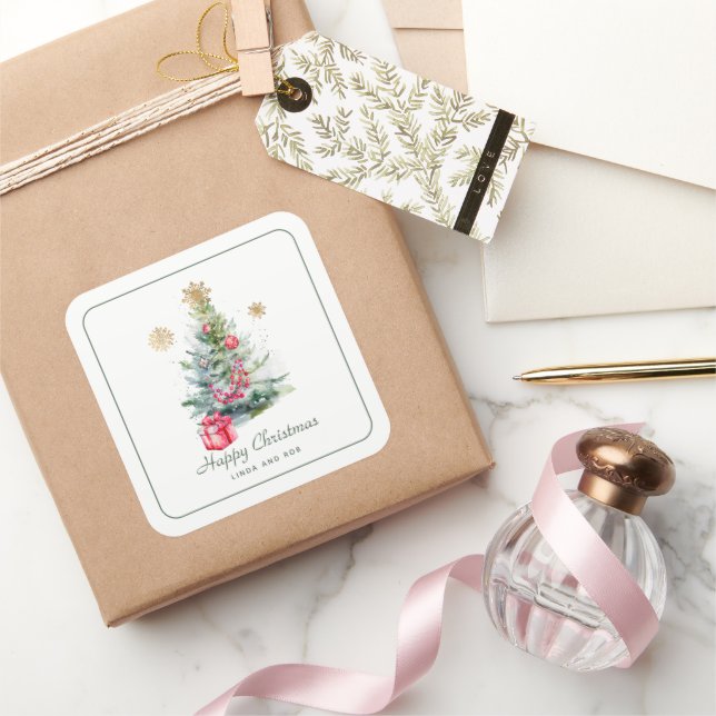 Watercolor Botanical Christmas Square Sticker (Gifting)