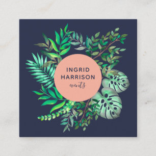 Watercolor botanical elegant blue pink events square business card
