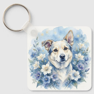 Watercolor Botanical Floral Dog Portrait Key Ring