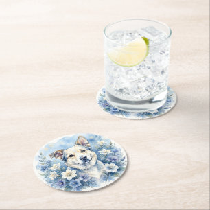 Watercolor Botanical Floral Dog Portrait Round Paper Coaster