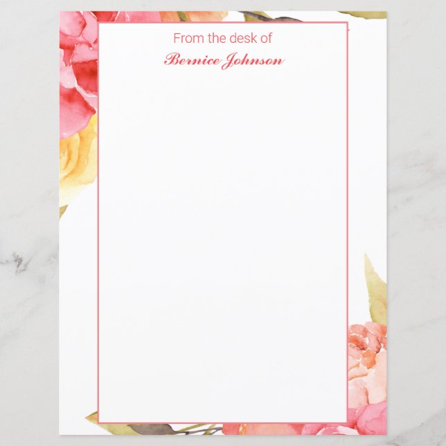 Watercolor Botanical Floral Framed Stationery (Front)