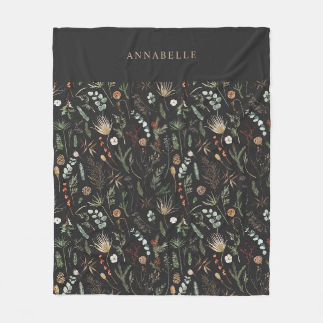 Watercolor botanical floral moody black modern fleece blanket (Front)