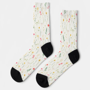 Watercolor, botanical floral pattern of wildflower socks