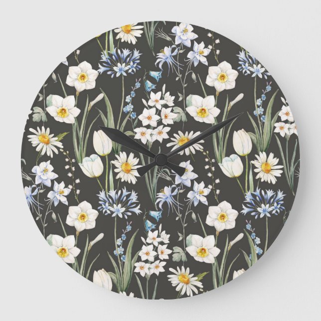 Watercolor botanical, floral spring pattern. large clock (Front)