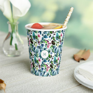 Watercolor botanical flowers elegant monogrammed paper cups