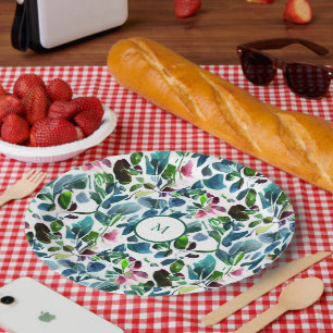 Watercolor botanical flowers elegant monogrammed paper plate