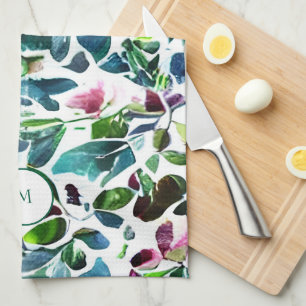 Watercolor botanical flowers elegant monogrammed tea towel
