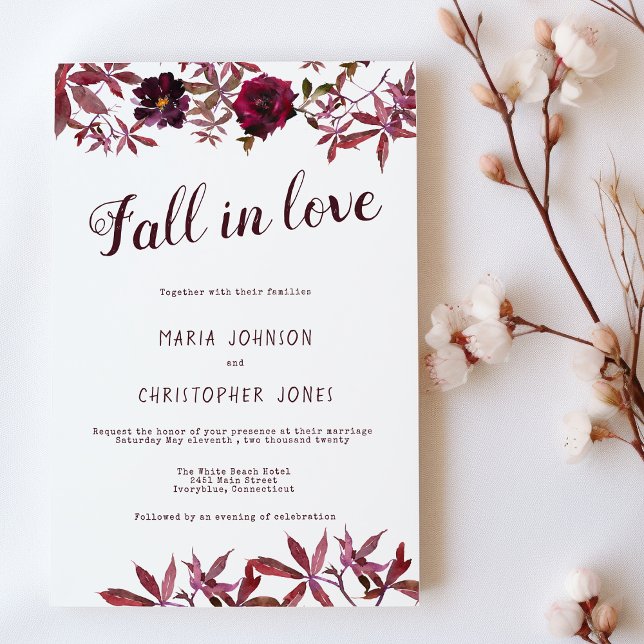 Watercolor Botanical Flowers Fall in Love Wedding  Invitation (Watercolor Botanical Flowers Fall in Love Wedding)