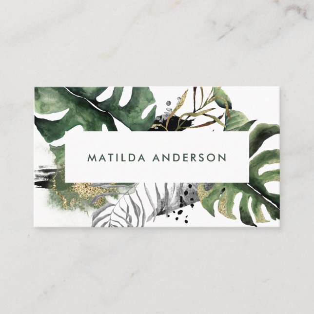 Watercolor botanical foliage and gold details business card (Front)