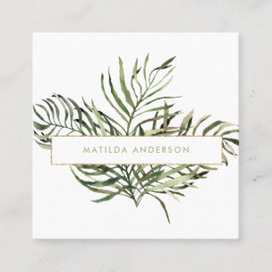Watercolor botanical foliage and gold details square business card