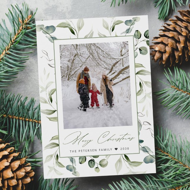 Watercolor botanical frame Merry Christmas photo Holiday Card (Creator Uploaded)