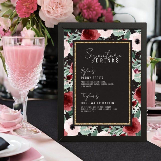 Watercolor Botanical Gold Signature Drinks Wedding Poster (Creator Uploaded)
