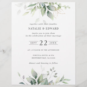 Watercolor botanical green gold elegant wedding fl flyer