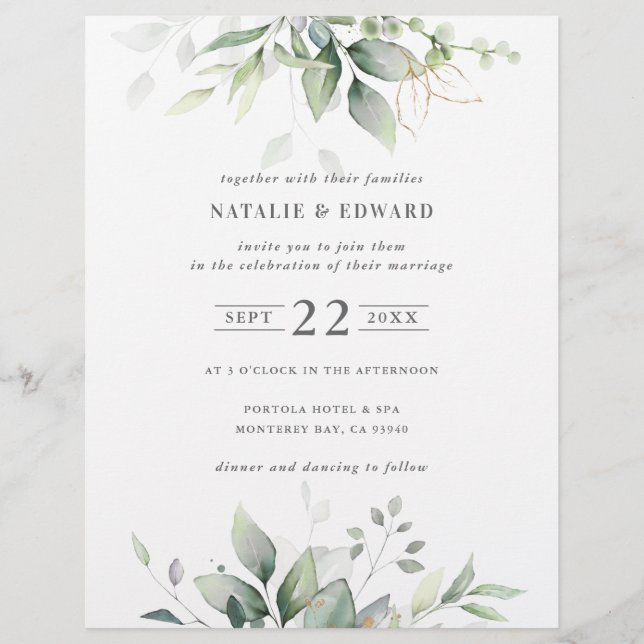 Watercolor botanical green gold elegant wedding flyer (Front)