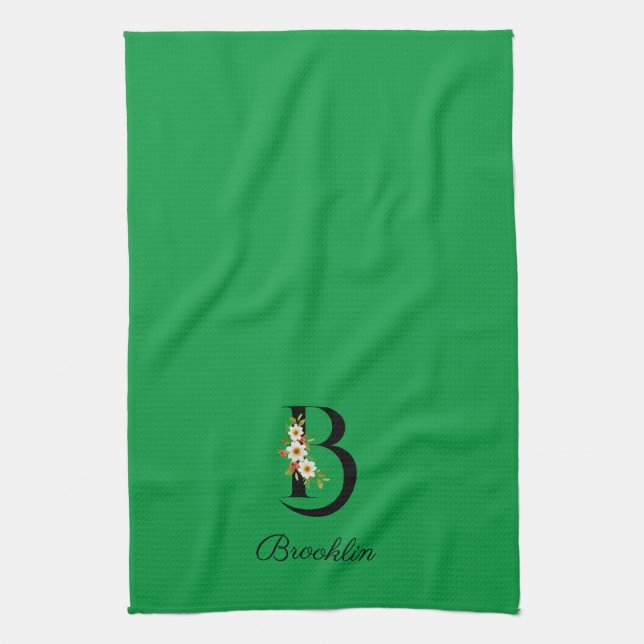 Watercolor botanical green initial monogram tea towel (Vertical)