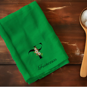 Watercolor botanical green initial monogram tea towel