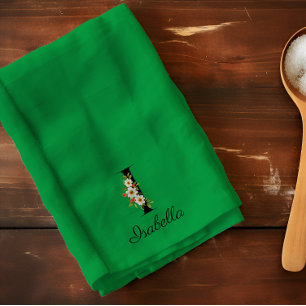 Watercolor botanical green initial monogram tea towel