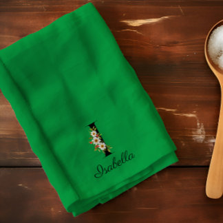 Watercolor botanical green initial monogram tea towel