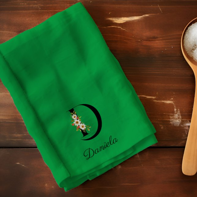 Watercolor botanical green initial monogram tea towel (Creator Uploaded)