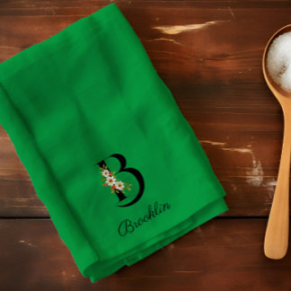 Watercolor botanical green initial monogram tea towel