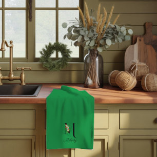 Watercolor botanical green initial monogram tea towel