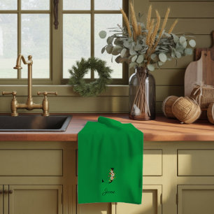 Watercolor botanical green initial monogram tea towel