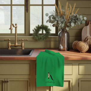 Watercolor botanical green initial monogram tea towel