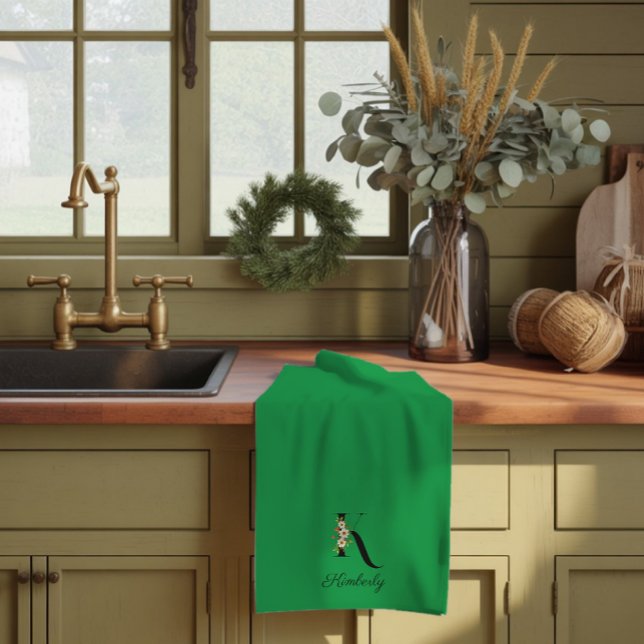 Watercolor botanical green initial monogram tea towel (Creator Uploaded)