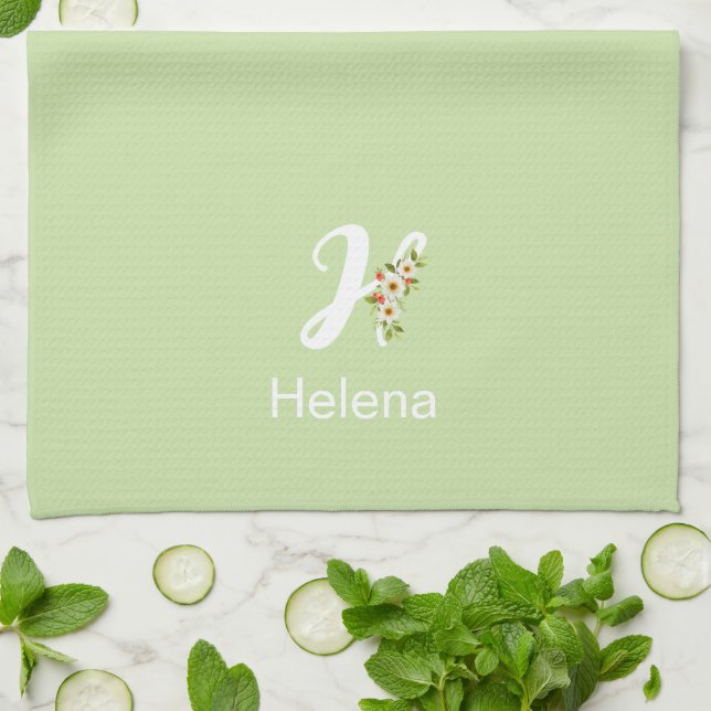 Watercolor botanical green initial monogram tea towel (Folded)