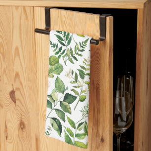 Watercolor Botanical Green leaves Tea Towel