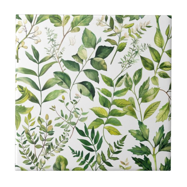 Watercolor Botanical Green leaves  Tile (Front)
