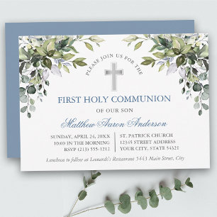 Watercolor Botanical Greenery Dusty Blue Communion Invitation