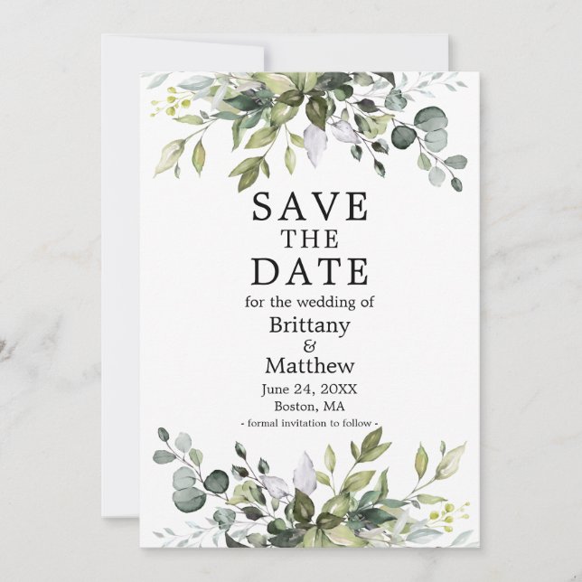 Watercolor Botanical Greenery Elegant Save The Date (Front)