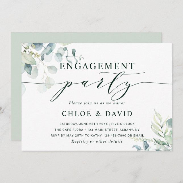 Watercolor Botanical Greenery Engagement Party Invitation (Front/Back)