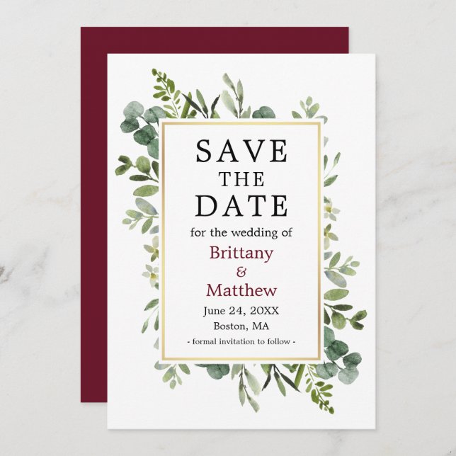 Watercolor Botanical Greenery Eucalyptus Burgundy Save The Date (Front/Back)