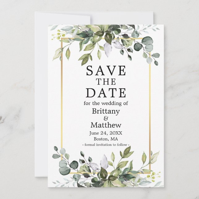 Watercolor Botanical Greenery Gold Frame Save The Date (Front)