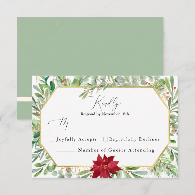 Watercolor Botanical Greenery Holiday Wedding RSVP Card (Front/Back)