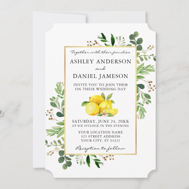 Watercolor Botanical Greenery Lemons Wedding Invitation (Front)