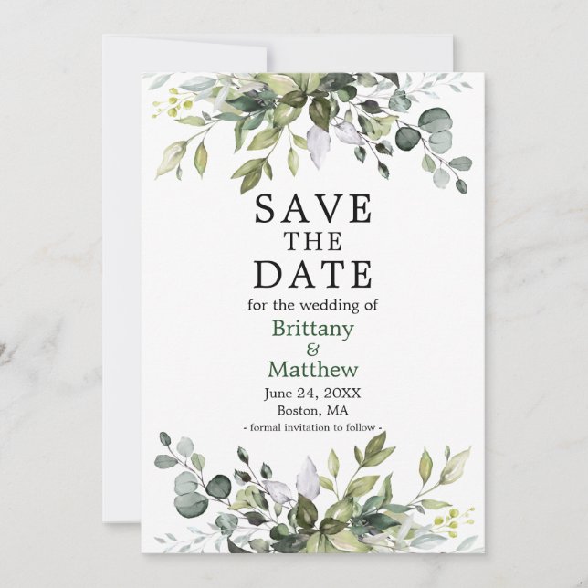 Watercolor Botanical Greenery Modern Green Save The Date (Front)