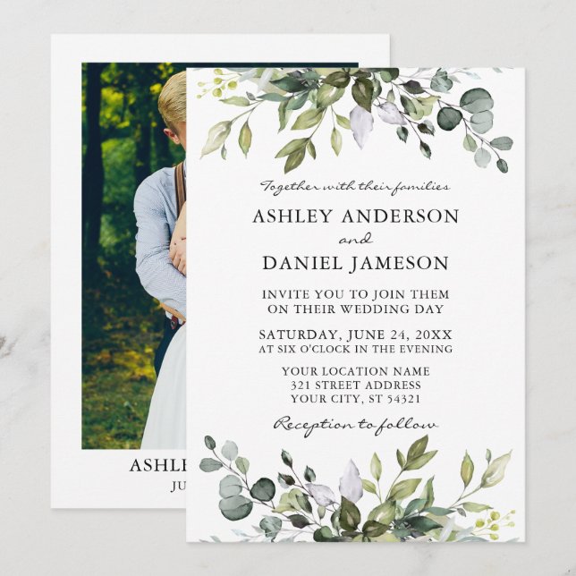 Watercolor Botanical Greenery Photo Wedding Invitation (Front/Back)