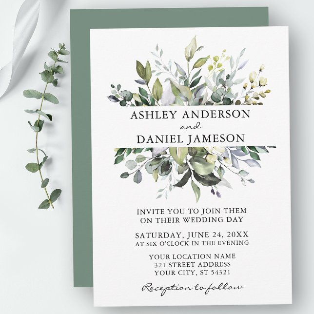 Watercolor Botanical Greenery Sage Green Wedding Invitation (Customize to change text color, style, add text & photos to back or change color of back of card.)