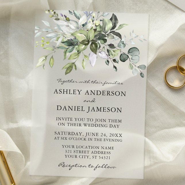 Watercolor Botanical Greenery Wedding Acrylic Invitations (Customize to change text size or text style.)