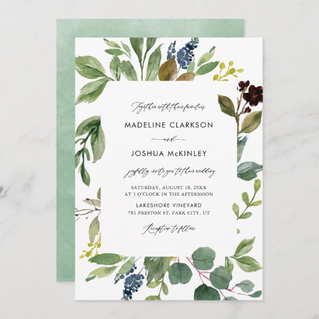 Watercolor Botanical Greenery Wedding Invitation (Front/Back)