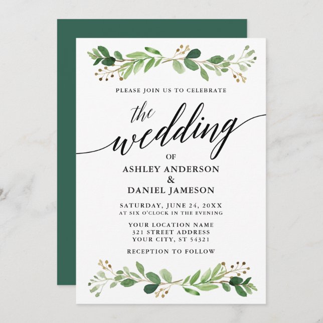 Watercolor Botanical Greenery Wedding Invitation (Front/Back)