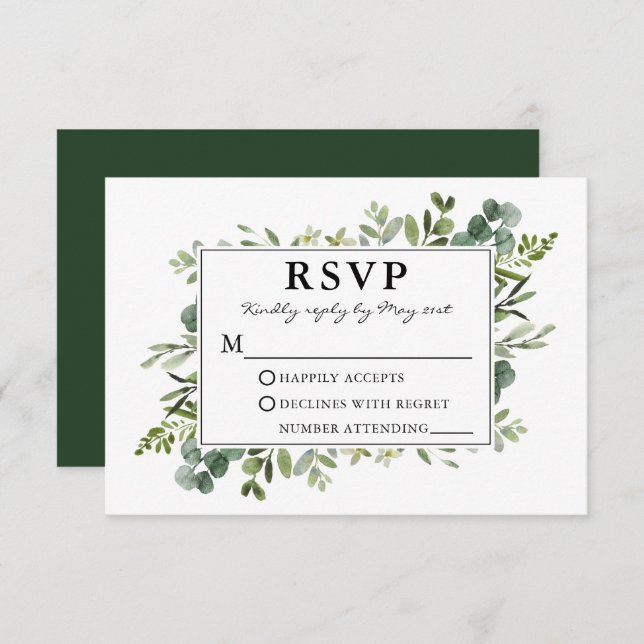 Watercolor Botanical Greenery Wedding RSVP Card (Front/Back)